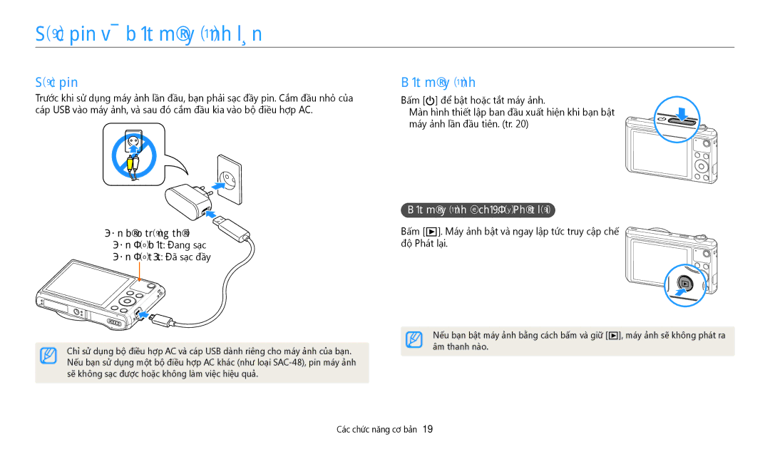 Samsung EC-WB35FZBDWVN manual Sac pin va bât may anh lên, Sạc pin, Bât may anh ơ chê đô Phat lai 