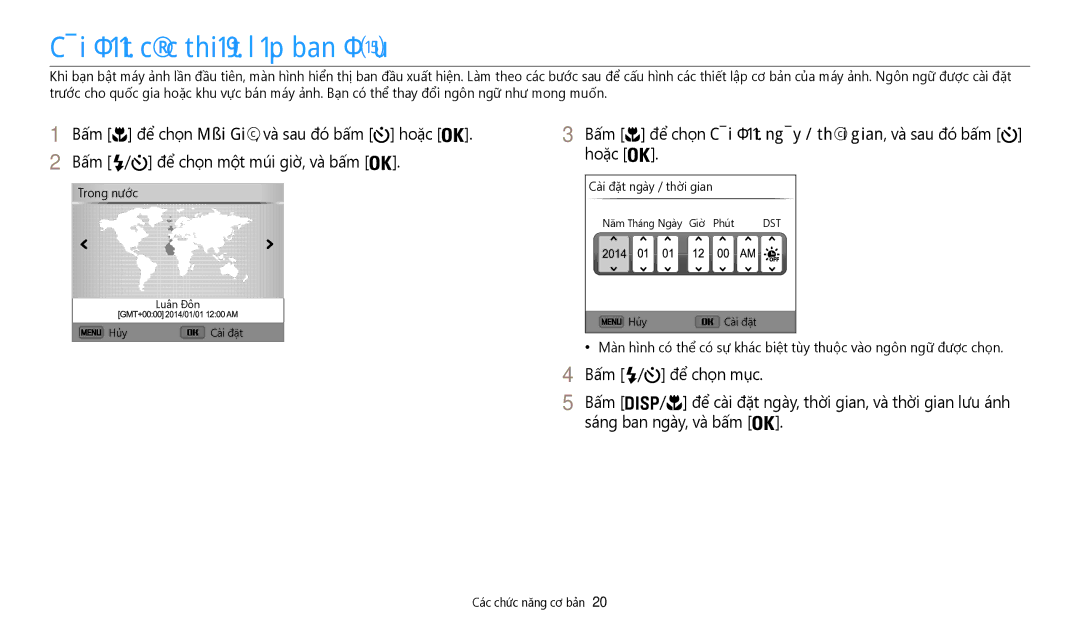 Samsung EC-WB35FZBDWVN manual Cài đặt các thiết lập ban đầu, Trong nướ́c, Cà̀i đặt ngà̀y / thời gian 