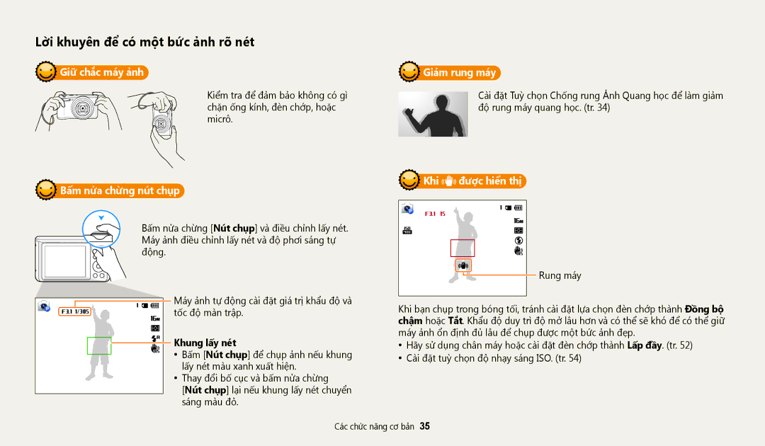 Samsung EC-WB35FZBDWVN manual Giữ chắc máy ảnh, Bấm nửa chừng nút chụp, Giảm rung máy, Khi được hiển thị, Khung lấy nét 