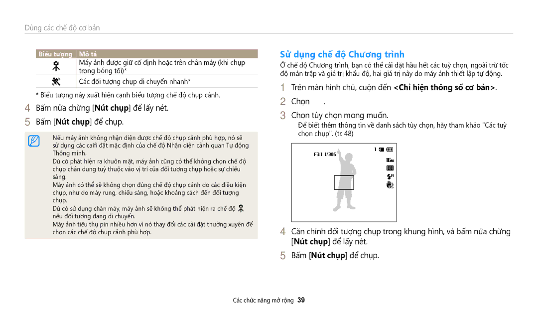 Samsung EC-WB35FZBDWVN manual Sử dụng chế độ Chương trình, Trên màn hinh chủ, cuộn đến Chỉ hiện thông số cơ bản 