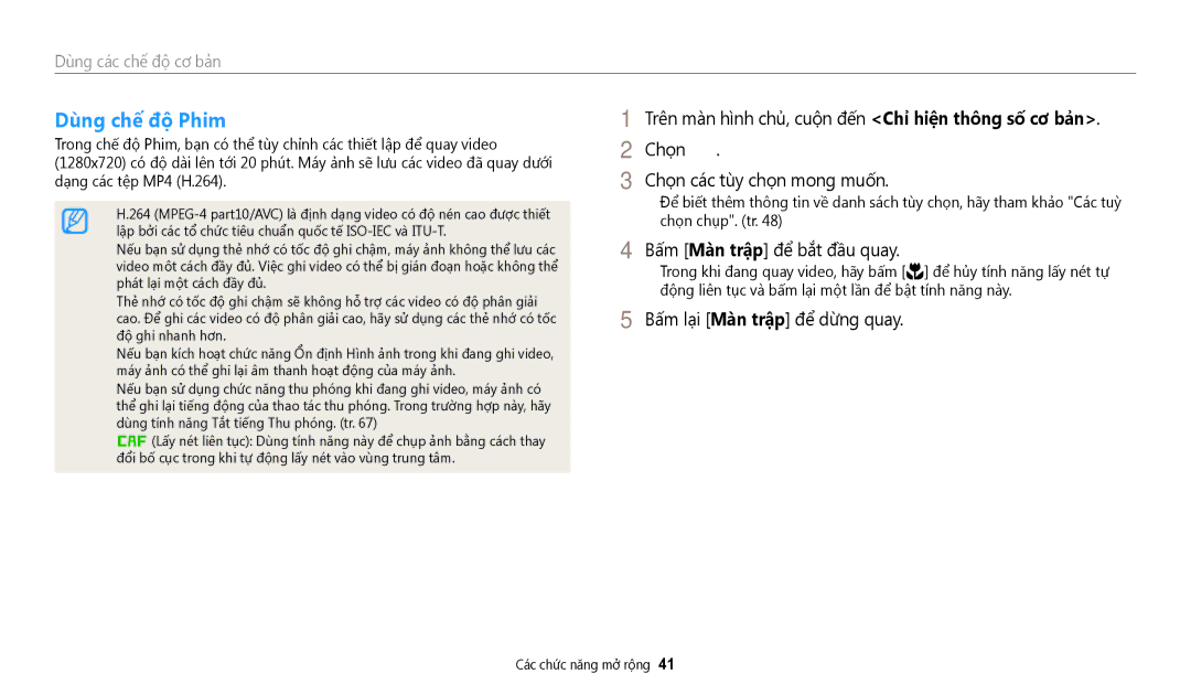 Samsung EC-WB35FZBDWVN manual Dung chê đô Phim, Bấm Màn trập để̉ bắt đầu quay, Dạng các tệp MP4 H.264 