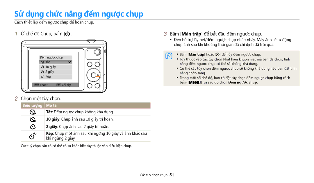 Samsung EC-WB35FZBDWVN manual Sử dụng chức năng đếm ngược chụp, Cách thiệt lâp đếm ngươc chụp để hoan chụp 