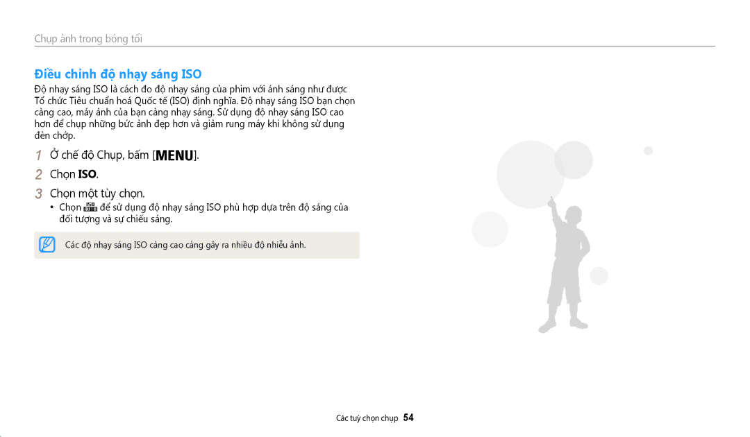 Samsung EC-WB35FZBDWVN manual Điêu chinh đô nhay sáng ISO, Chế́ độ̣ Chụ̣p, bấ́m Chọ̣n ISO Chọ̣n mộ̣t tùy chọ̣n 