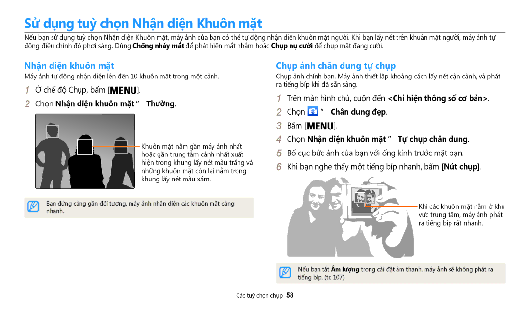 Samsung EC-WB35FZBDWVN manual Sử dụng tuỳ chọn Nhận diện Khuôn mặt, Nhận diện khuôn mặt, Chụp ảnh chân dung tự chụp 