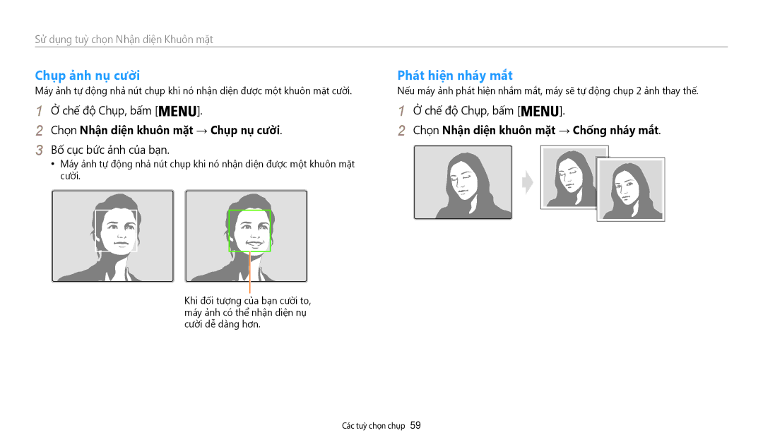 Samsung EC-WB35FZBDWVN manual Chụp ảnh nụ cười, Phat hiên nhay măt, Chọ̣n Nhận diện khuôn mặt → Chụp nụ cười 