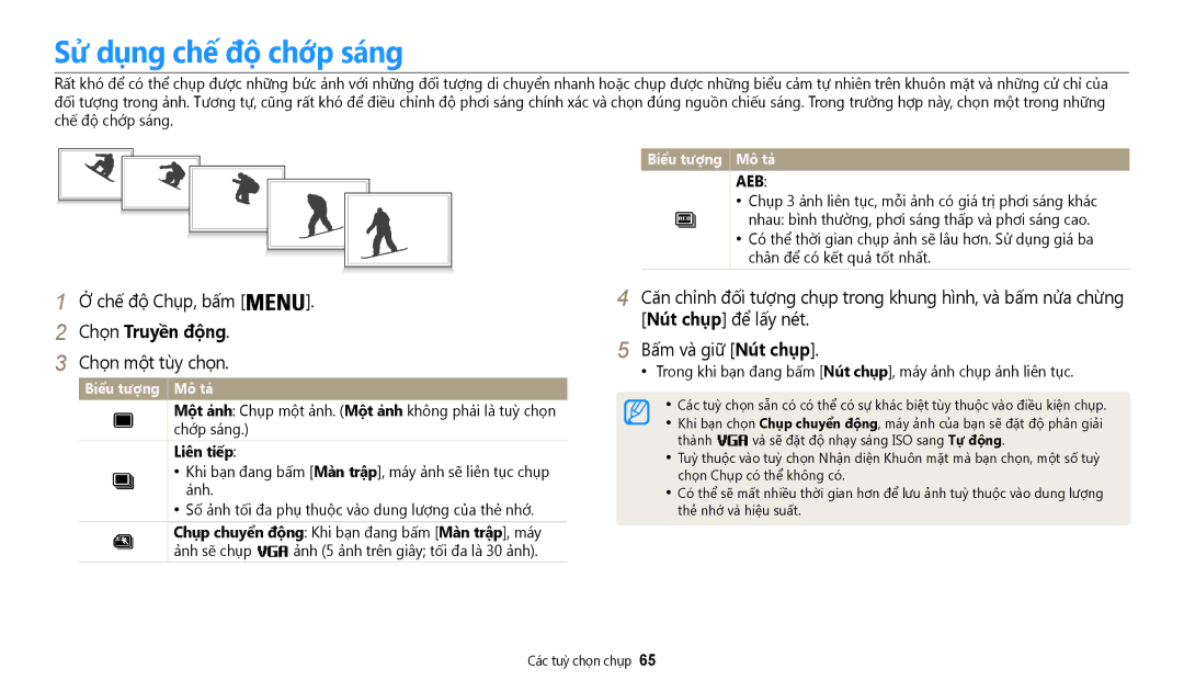 Samsung EC-WB35FZBDWVN manual Sử dụng chế độ chớp sáng, Chọ̣n Truyền động, Bấ́m và̀ giữ Nút chụp, Liên tiếp 
