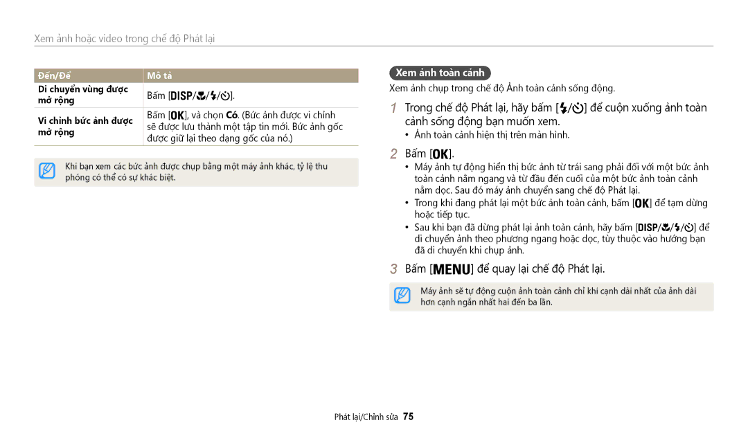 Samsung EC-WB35FZBDWVN manual Bấ́m để̉ quay lạ̣i chế́ độ̣ Phá́t lạ̣i, Xem ảnh toàn cảnh, Đến/Để Mô ta 