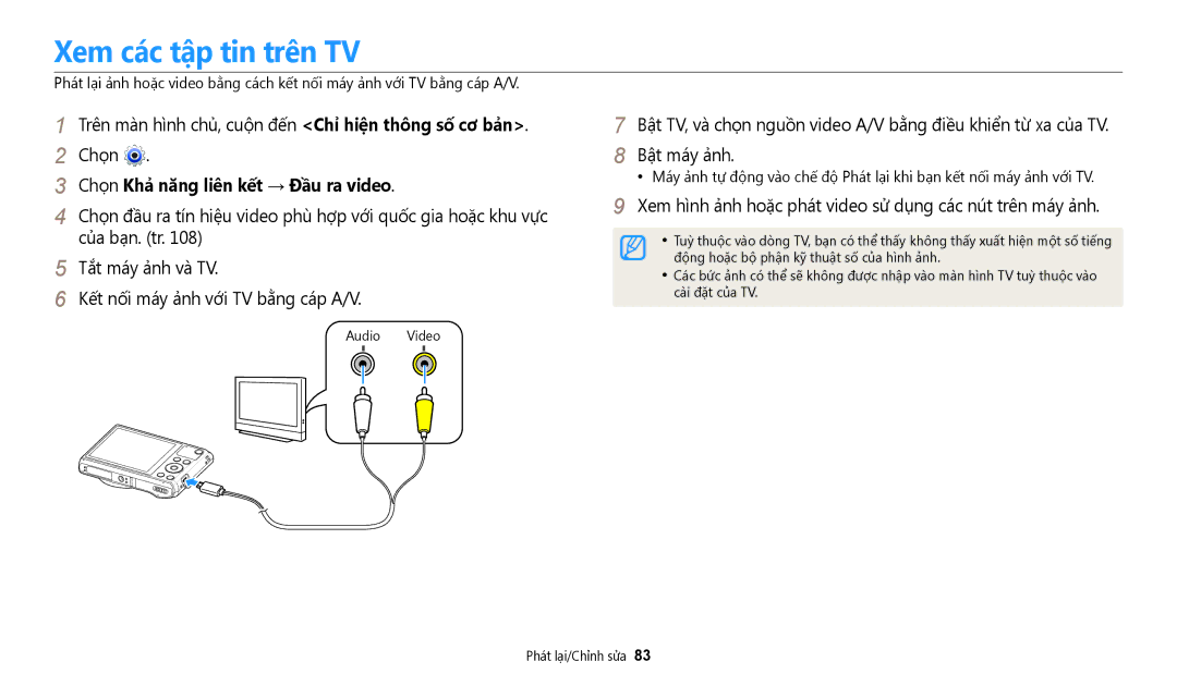 Samsung EC-WB35FZBDWVN Xem các tập tin trên TV, Chọ̣n Kha năng liên kêt → Đầu ra video, Audio Video, Cà̀i đặt củ̉a TV 