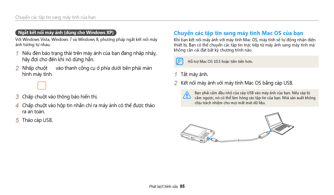 Samsung EC-WB35FZBDWVN manual Chuyển các tập tin sang máy tính Mac OS của bạn, Ngắt kết nối máy ảnh dùng cho Windows XP 