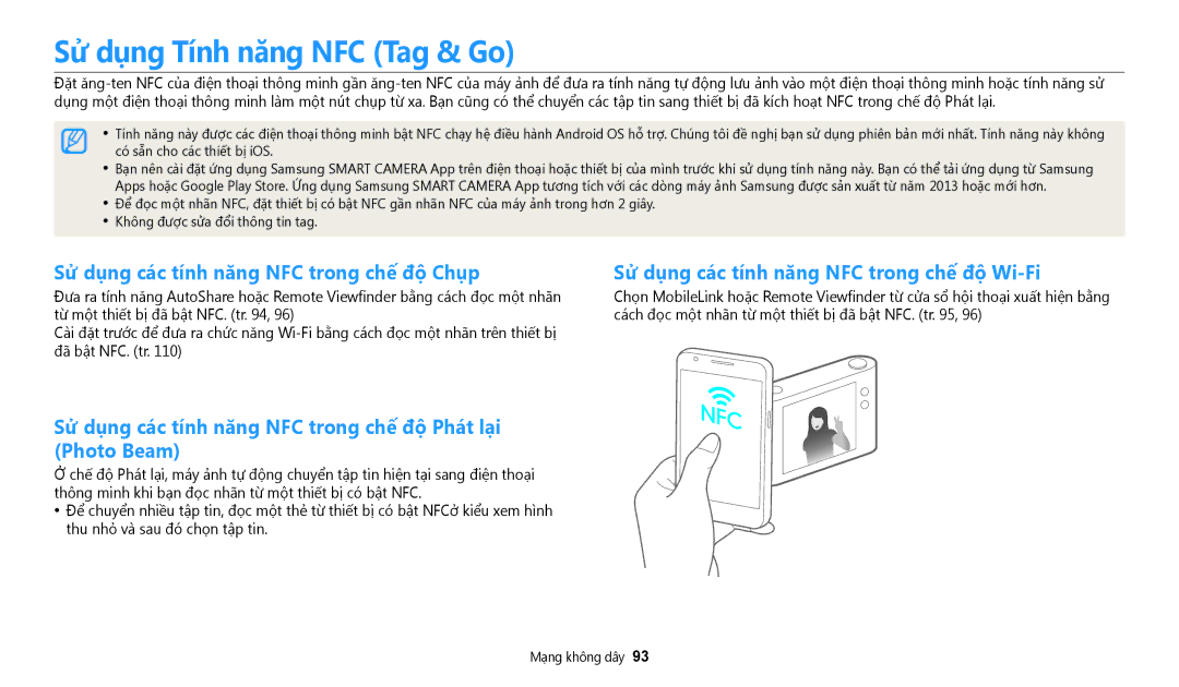 Samsung EC-WB35FZBDWVN manual Sử dụng Tính năng NFC Tag & Go, Sử dụng các tính năng NFC trong chế độ Chụp 