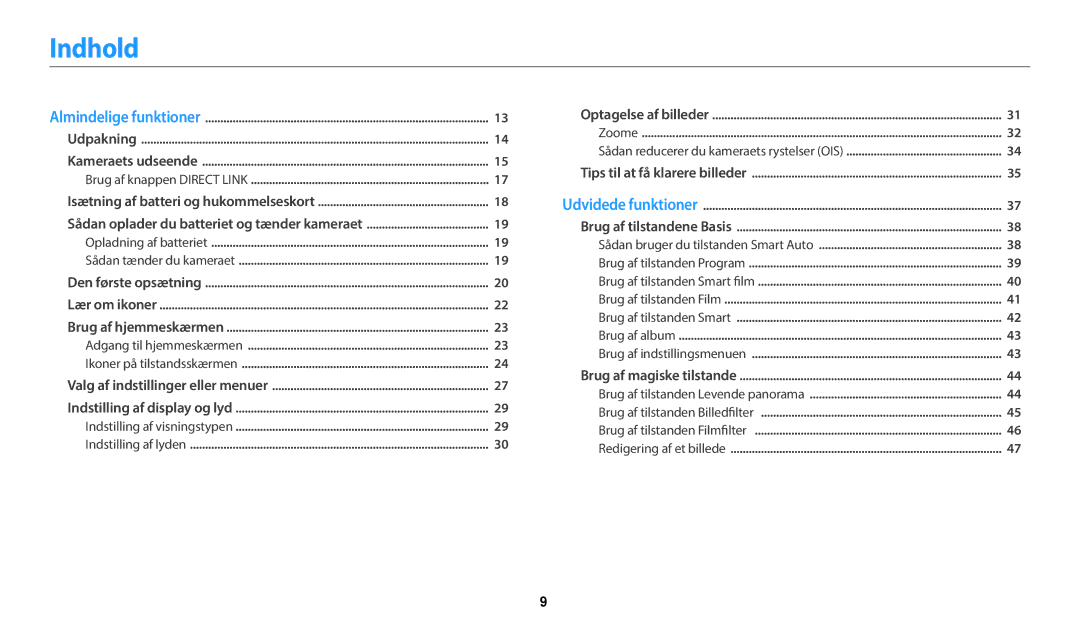 Samsung EC-WB35FZBPRE2, EC-WB35FZBPBE2, EC-WB35FZBPLE2 manual Indhold, Sådan oplader du batteriet og tænder kameraet 