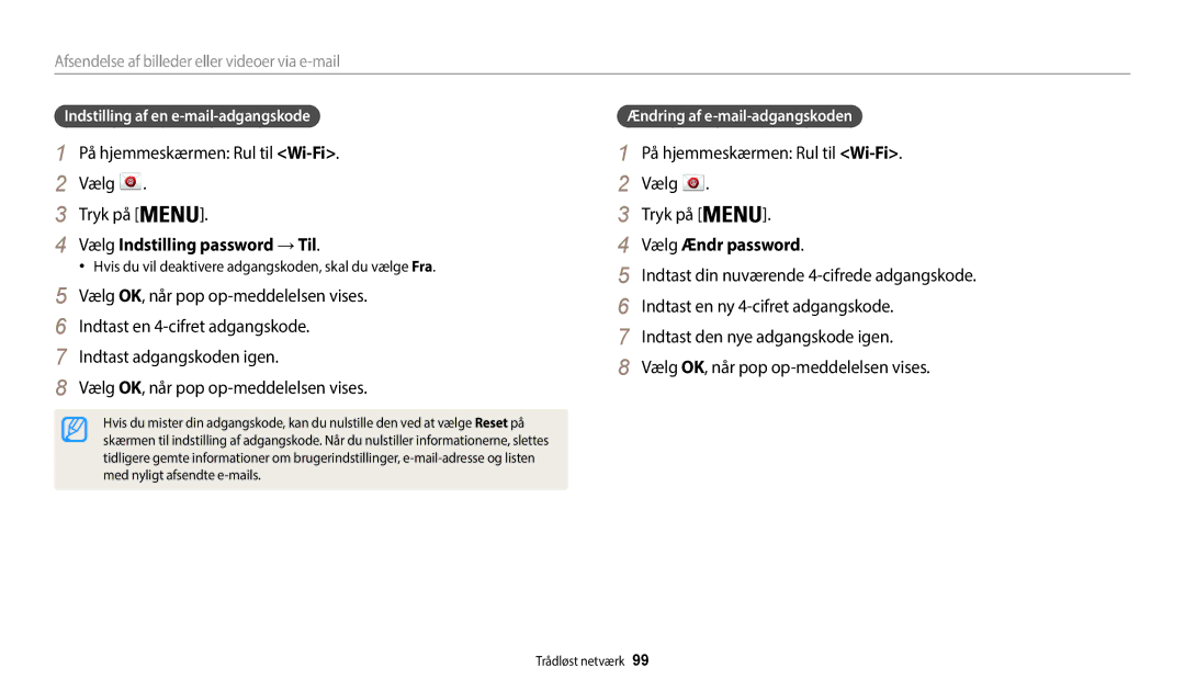 Samsung EC-WB35FZBPBE2 Vælg Indstilling password →Til, Vælg Ændr password, Afsendelse af billeder eller videoer via e-mail 