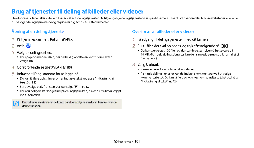 Samsung EC-WB35FZBPRE2 Brug af tjenester til deling af billeder eller videoer, Åbning af en delingstjeneste, Vælg Upload 