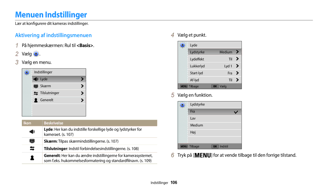 Samsung EC-WB35FZBPWE2, EC-WB35FZBPBE2 manual Menuen Indstillinger, Aktivering af indstillingsmenuen, Vælg et punkt 