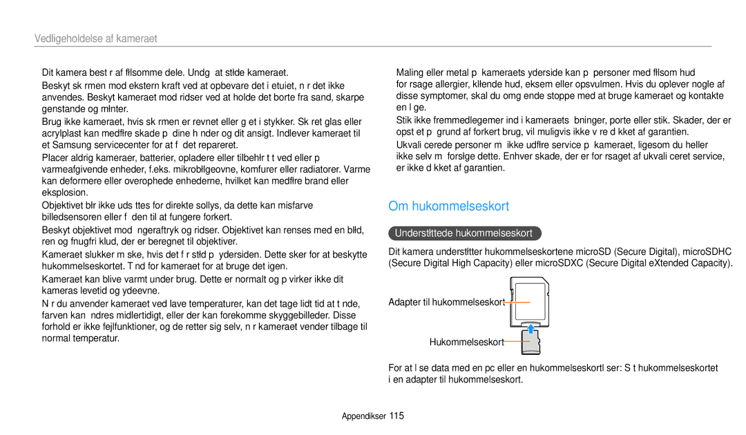 Samsung EC-WB35FZBPBE2, EC-WB35FZBPLE2, EC-WB35FZBPRE2, EC-WB35FZBPWE2 Om hukommelseskort, Understøttede hukommelseskort 