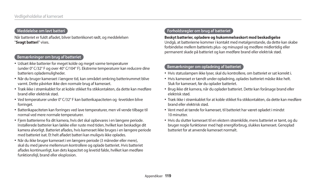 Samsung EC-WB35FZBPBE2 Meddelelse om lavt batteri, Bemærkninger om brug af batteriet, Forholdsregler om brug af batteriet 