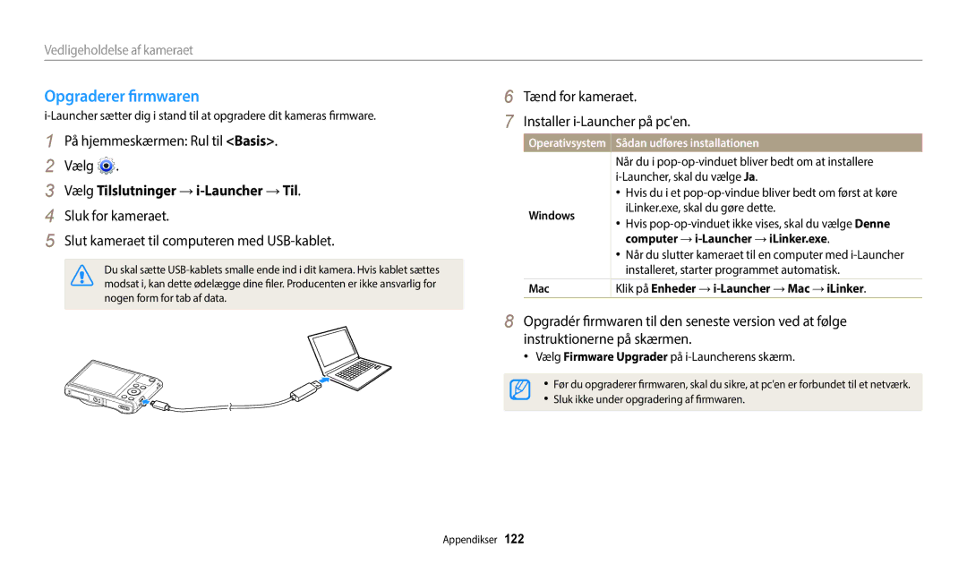 Samsung EC-WB35FZBPWE2, EC-WB35FZBPBE2, EC-WB35FZBPLE2 manual Opgraderer firmwaren, Vælg Tilslutninger →i-Launcher →Til 