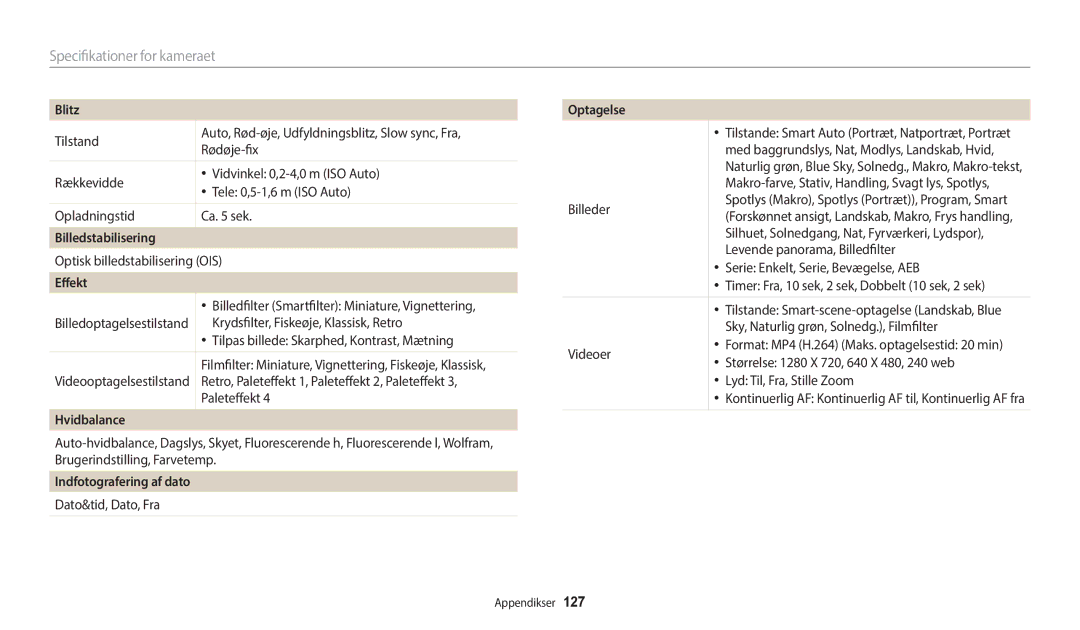 Samsung EC-WB35FZBPBE2, EC-WB35FZBPLE2 manual Specifikationer for kameraet, Billedstabilisering, Indfotografering af dato 