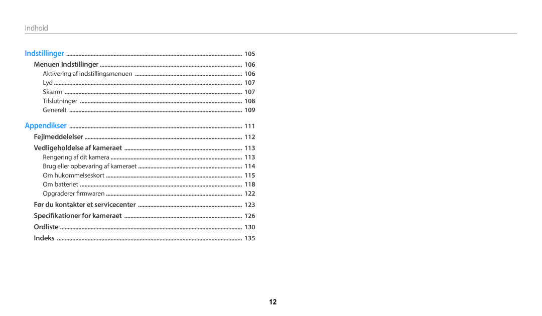 Samsung EC-WB35FZBPLE2, EC-WB35FZBPBE2, EC-WB35FZBPRE2, EC-WB35FZBPWE2 manual Indhold 