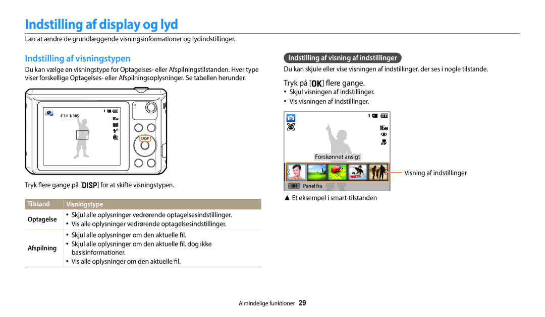 Samsung EC-WB35FZBPRE2, EC-WB35FZBPBE2 Indstilling af display og lyd, Indstilling af visningstypen, Tryk på flere gange 