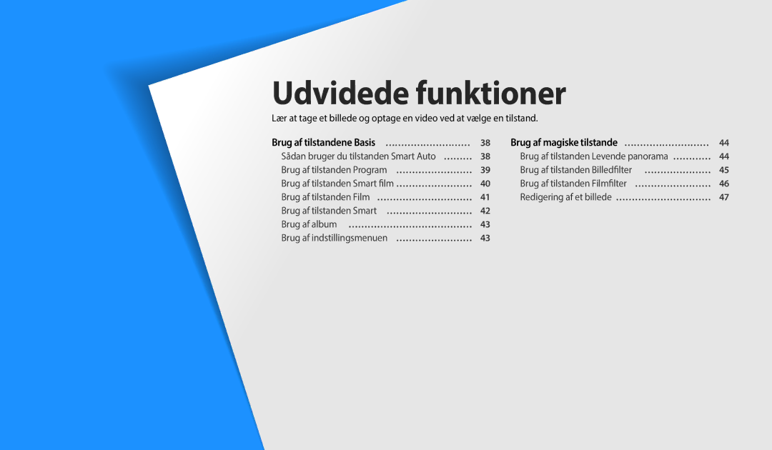 Samsung EC-WB35FZBPRE2, EC-WB35FZBPBE2, EC-WB35FZBPLE2, EC-WB35FZBPWE2 manual Udvidede funktioner 