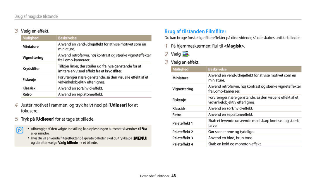 Samsung EC-WB35FZBPWE2 manual Brug af tilstanden Filmfilter, På hjemmeskærmen Rul til Magisk Vælg Vælg en effekt 