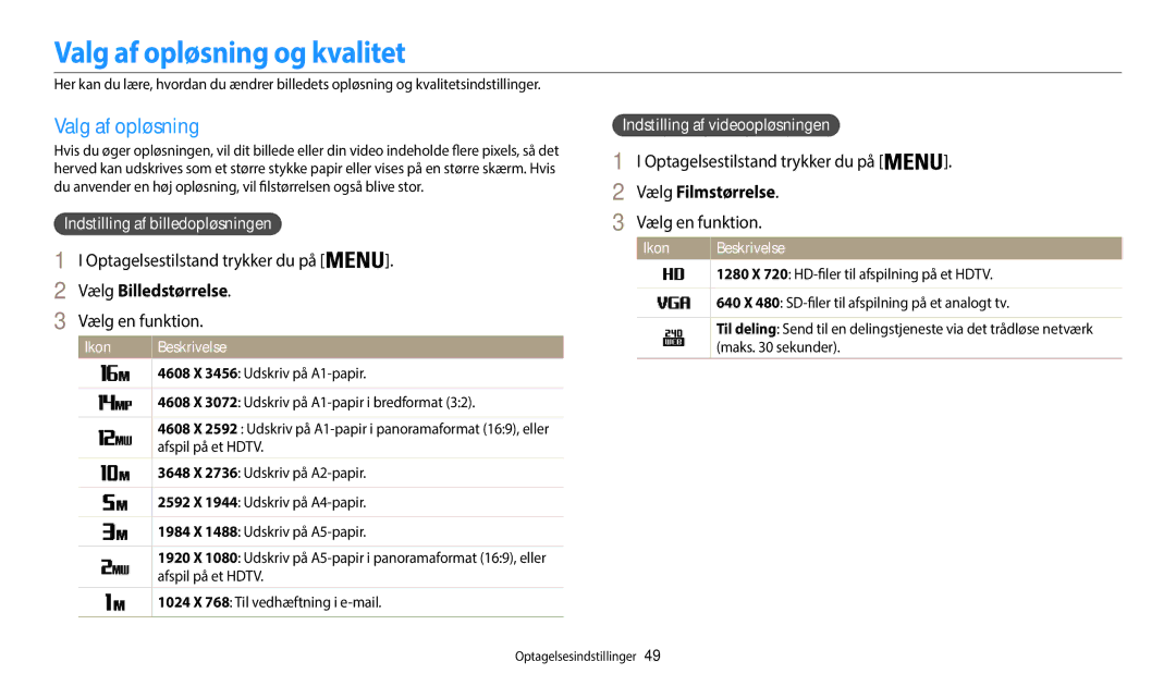 Samsung EC-WB35FZBPRE2 manual Valg af opløsning og kvalitet, Optagelsestilstand trykker du på, Vælg Billedstørrelse 