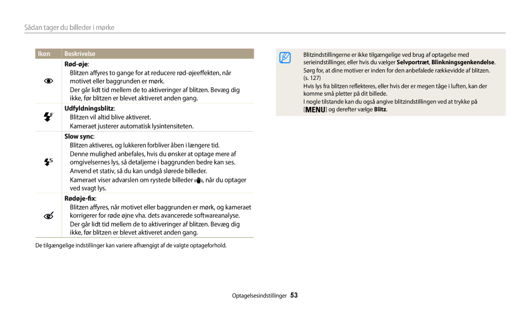 Samsung EC-WB35FZBPRE2, EC-WB35FZBPBE2 Sådan tager du billeder i mørke, Rød-øje, Udfyldningsblitz, Slow sync, Rødøje-fix 