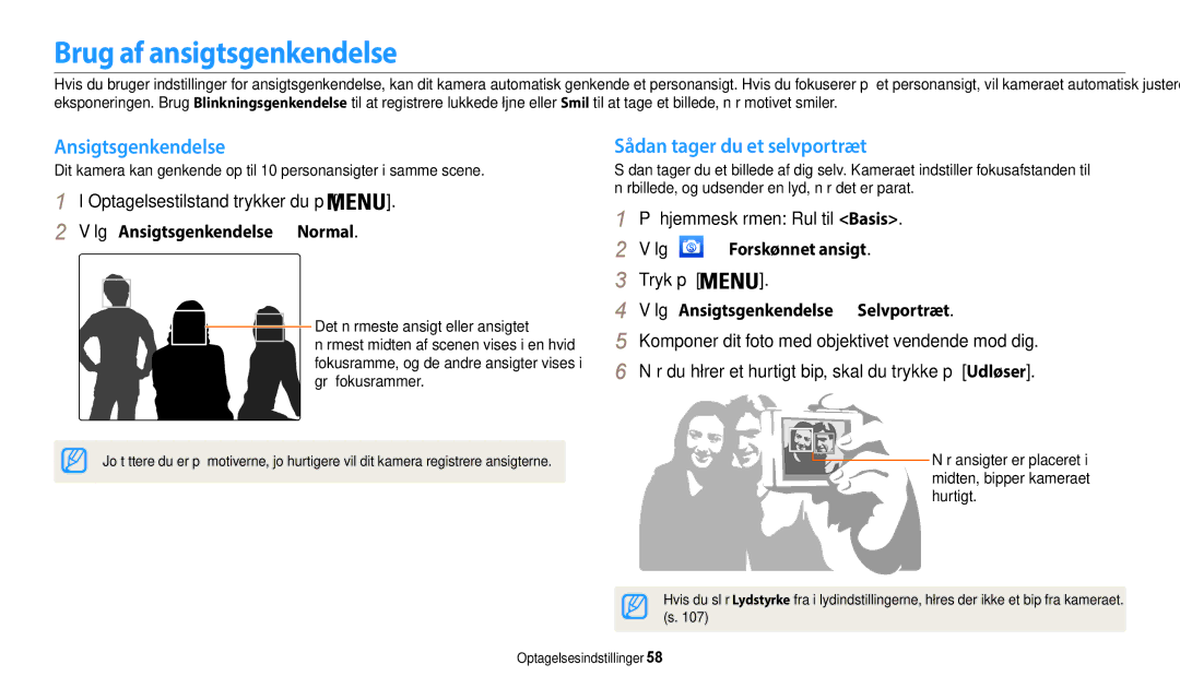 Samsung EC-WB35FZBPWE2, EC-WB35FZBPBE2 manual Brug af ansigtsgenkendelse, Ansigtsgenkendelse, Sådan tager du et selvportræt 