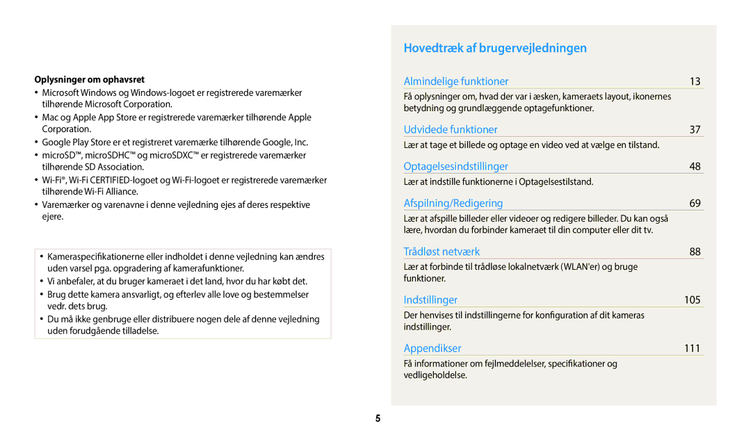 Samsung EC-WB35FZBPRE2, EC-WB35FZBPBE2, EC-WB35FZBPLE2 Hovedtræk af brugervejledningen, 105, 111, Oplysninger om ophavsret 