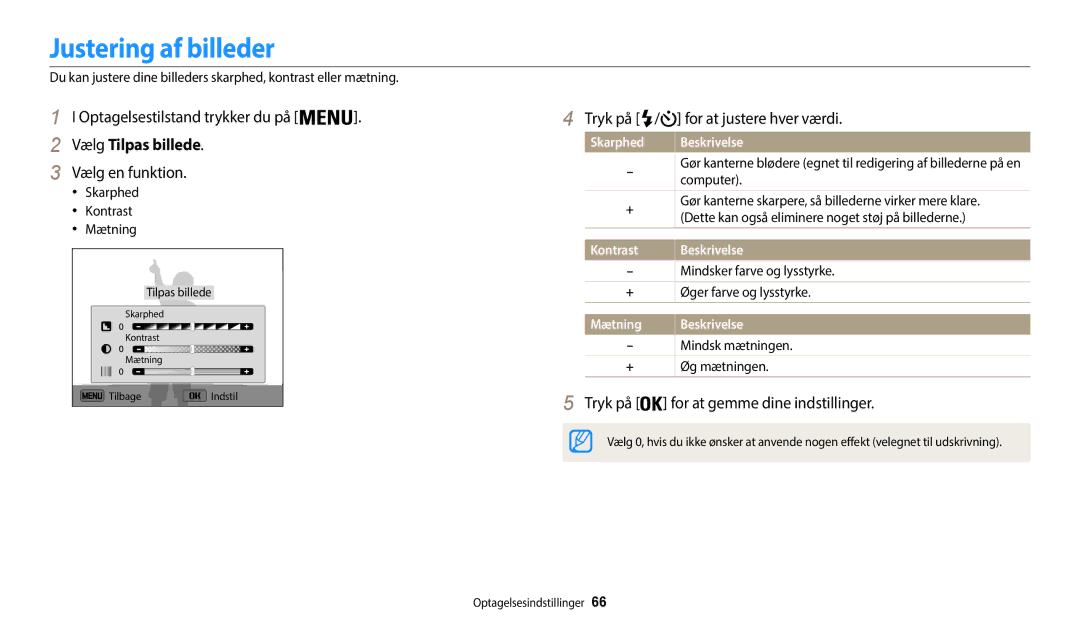 Samsung EC-WB35FZBPWE2, EC-WB35FZBPBE2 Justering af billeder, Vælg Tilpas billede, Tryk på / for at justere hver værdi 