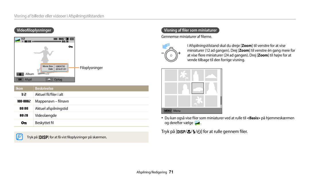 Samsung EC-WB35FZBPBE2 Tryk på / / / for at rulle gennem filer, Visning af billeder eller videoer i Afspilningstilstanden 