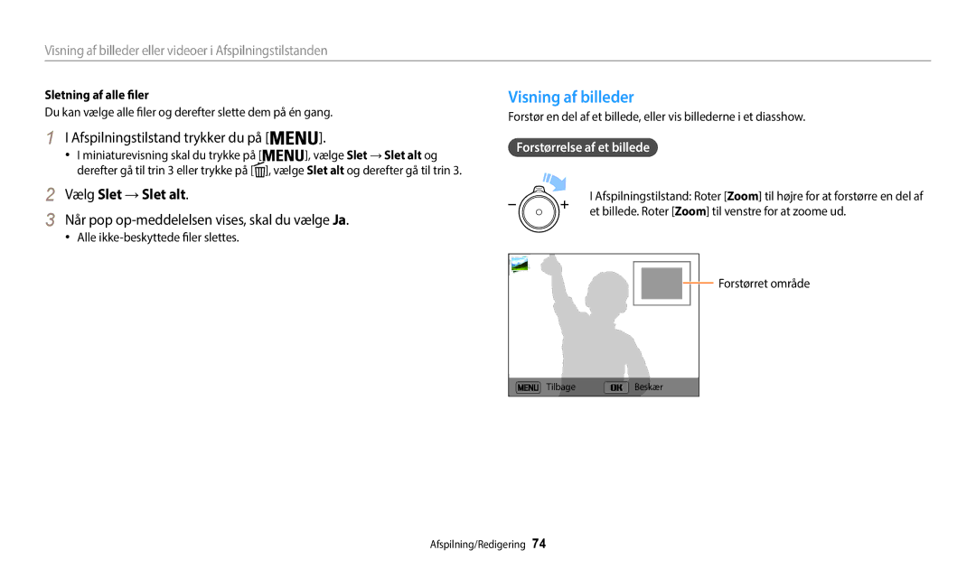 Samsung EC-WB35FZBPWE2 manual Visning af billeder, Vælg Slet →Slet alt, Forstørrelse af et billede, Sletning af alle filer 