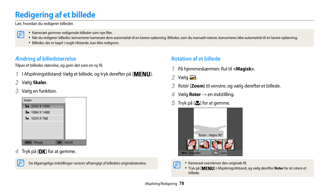 Samsung EC-WB35FZBPWE2, EC-WB35FZBPBE2 manual Redigering af et billede, Ændring af billedstørrelse, Rotation af et billede 