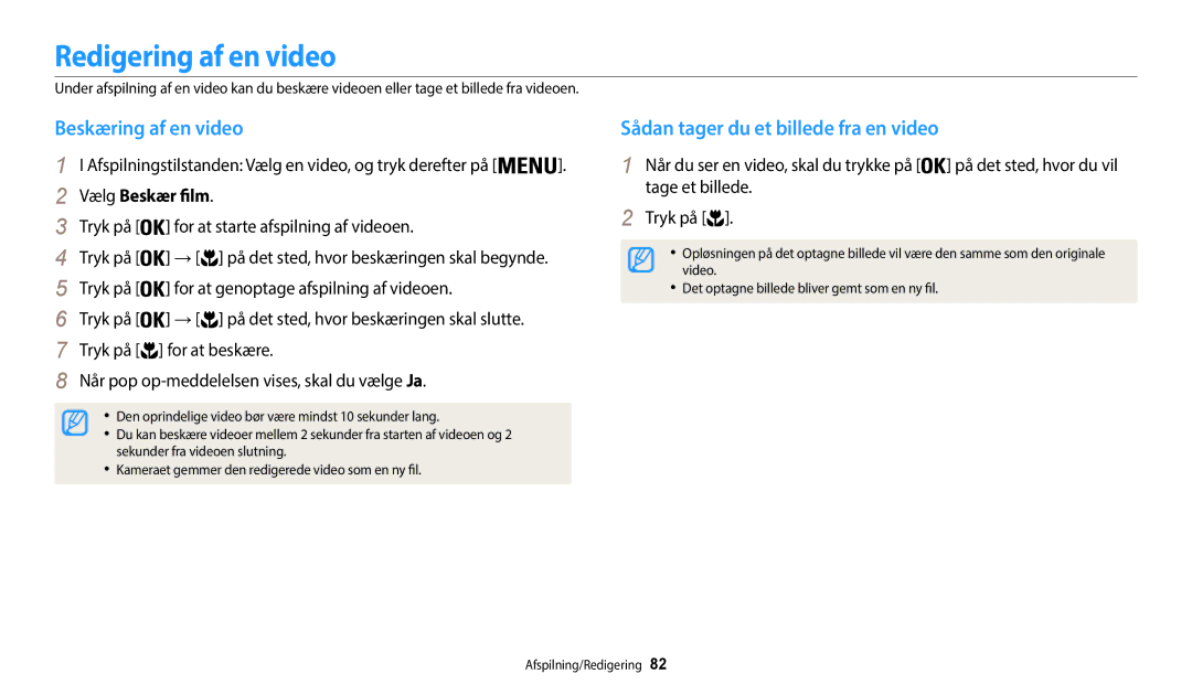 Samsung EC-WB35FZBPWE2 manual Redigering af en video, Beskæring af en video, Sådan tager du et billede fra en video 