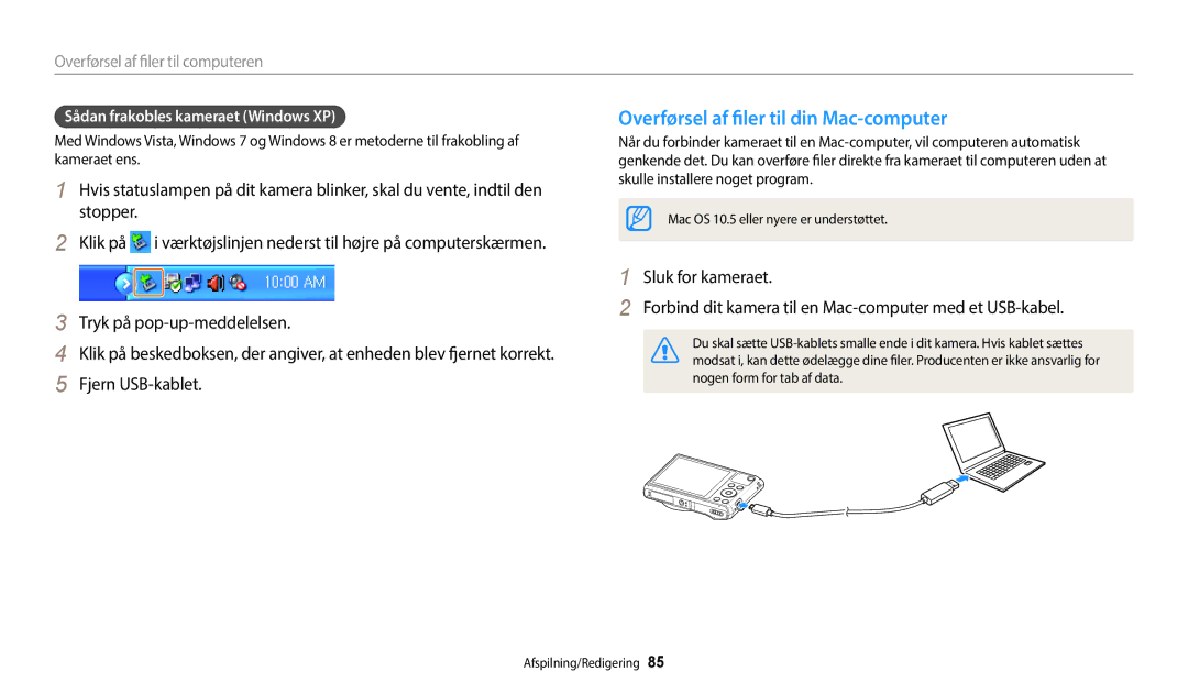 Samsung EC-WB35FZBPRE2 Overførsel af filer til din Mac-computer, Fjern USB-kablet, Overførsel af filer til computeren 