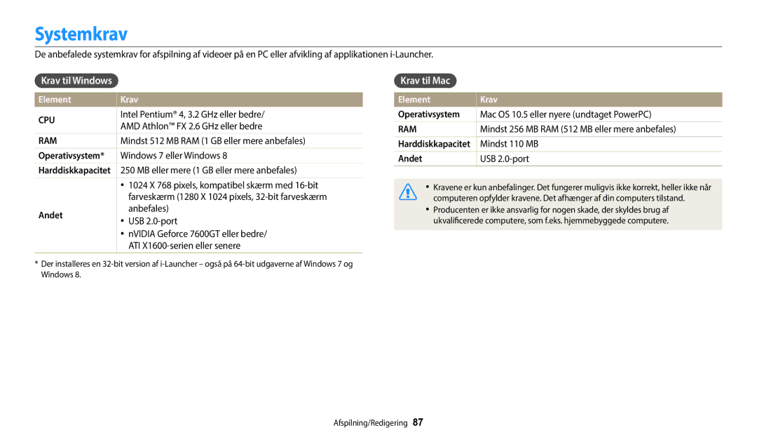 Samsung EC-WB35FZBPBE2, EC-WB35FZBPLE2, EC-WB35FZBPRE2 manual Systemkrav, Krav til Windows, Krav til Mac, Element Krav 