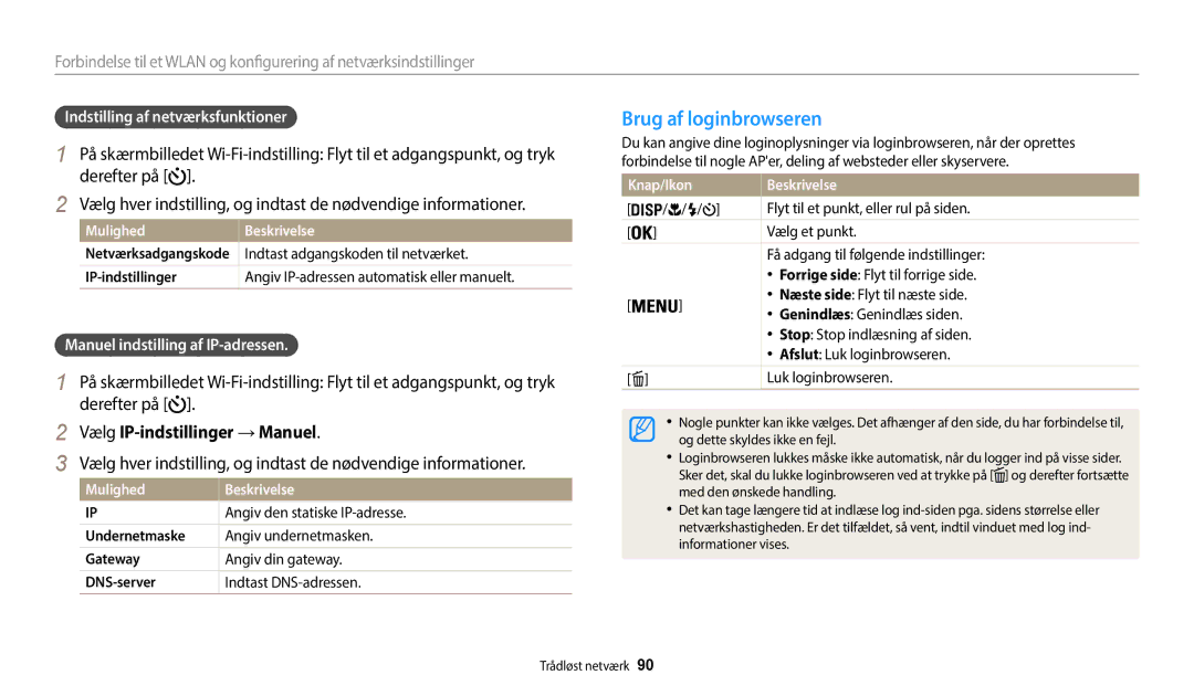 Samsung EC-WB35FZBPWE2 manual Brug af loginbrowseren, Vælg IP-indstillinger →Manuel, Indstilling af netværksfunktioner 