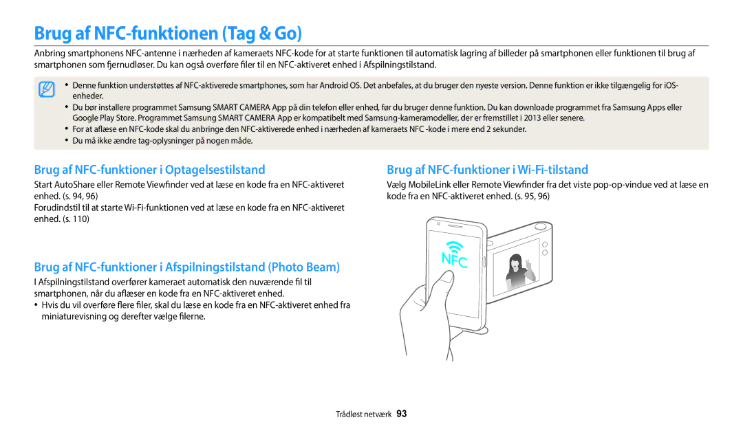 Samsung EC-WB35FZBPRE2, EC-WB35FZBPBE2 manual Brug af NFC-funktionen Tag & Go, Brug af NFC-funktioner i Optagelsestilstand 