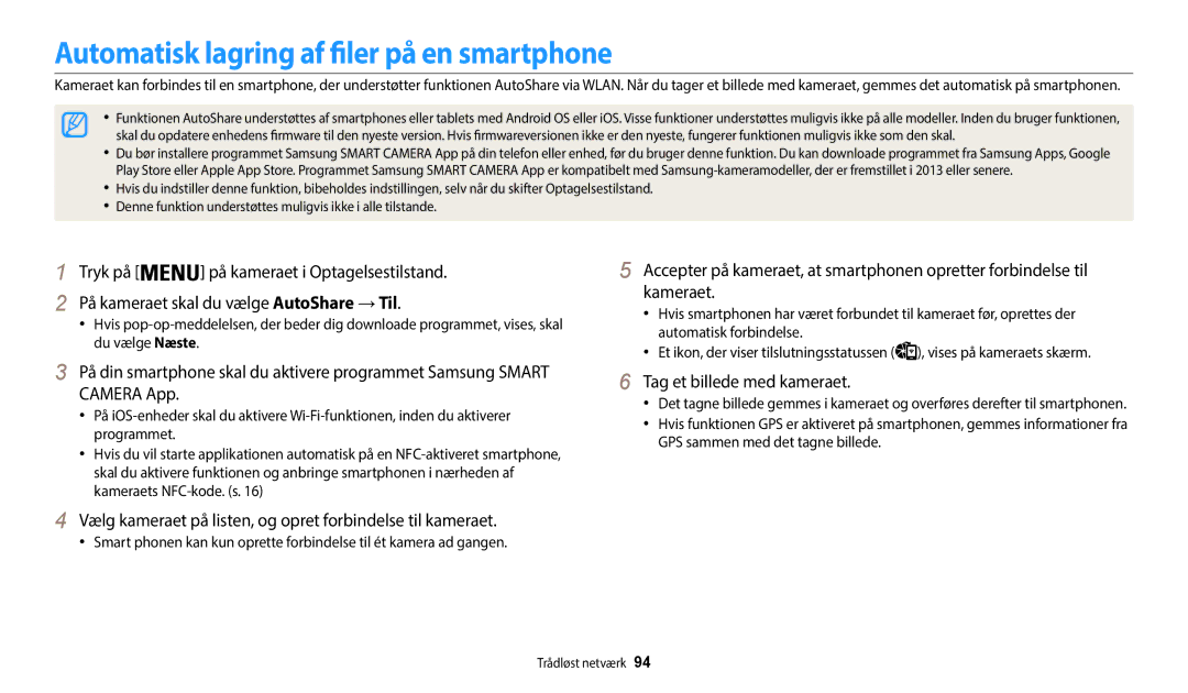 Samsung EC-WB35FZBPWE2, EC-WB35FZBPBE2 manual Automatisk lagring af filer på en smartphone, Tag et billede med kameraet 