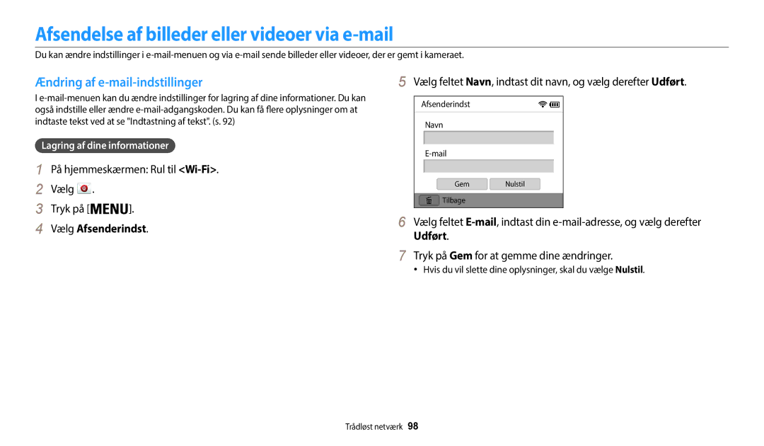 Samsung EC-WB35FZBPWE2 manual Afsendelse af billeder eller videoer via e-mail, Ændring af e-mail-indstillinger, Udført 