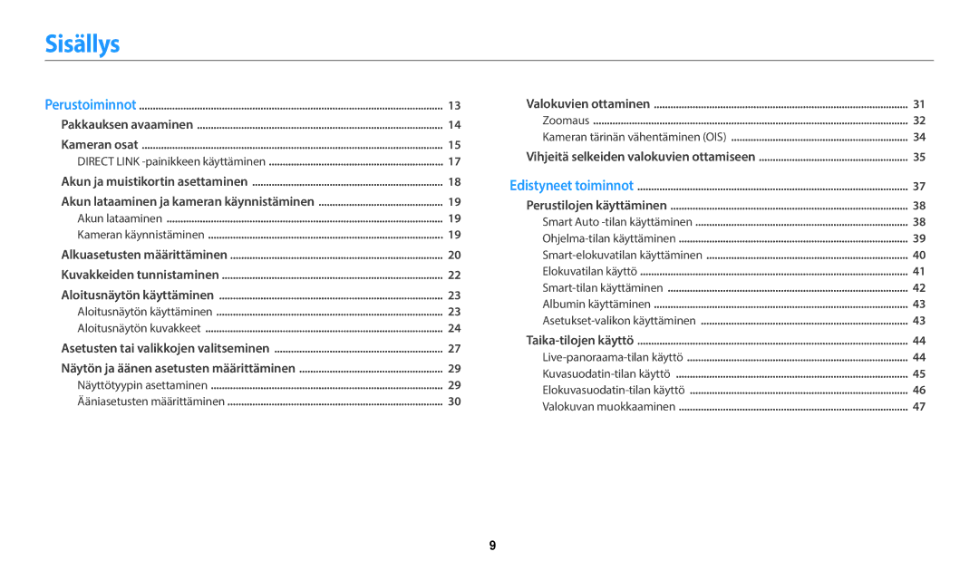 Samsung EC-WB35FZBPRE2, EC-WB35FZBPBE2, EC-WB35FZBPLE2, EC-WB35FZBPWE2 manual Sisällys, Direct Link -painikkeen käyttäminen 