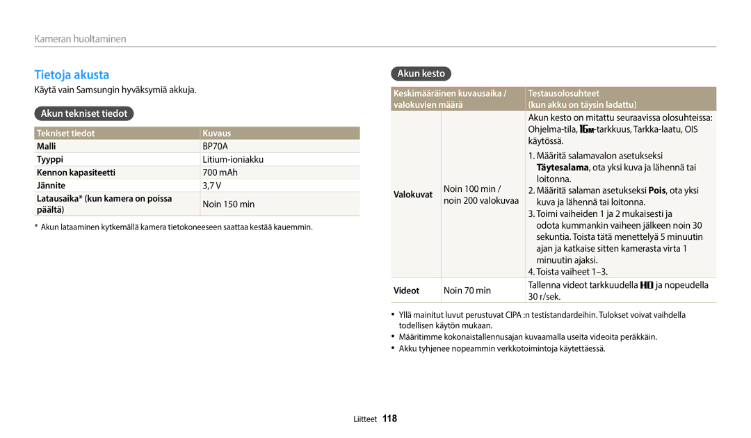 Samsung EC-WB35FZBPWE2, EC-WB35FZBPBE2 manual Tietoja akusta, Akun tekniset tiedot, Akun kesto, Tekniset tiedot Kuvaus 