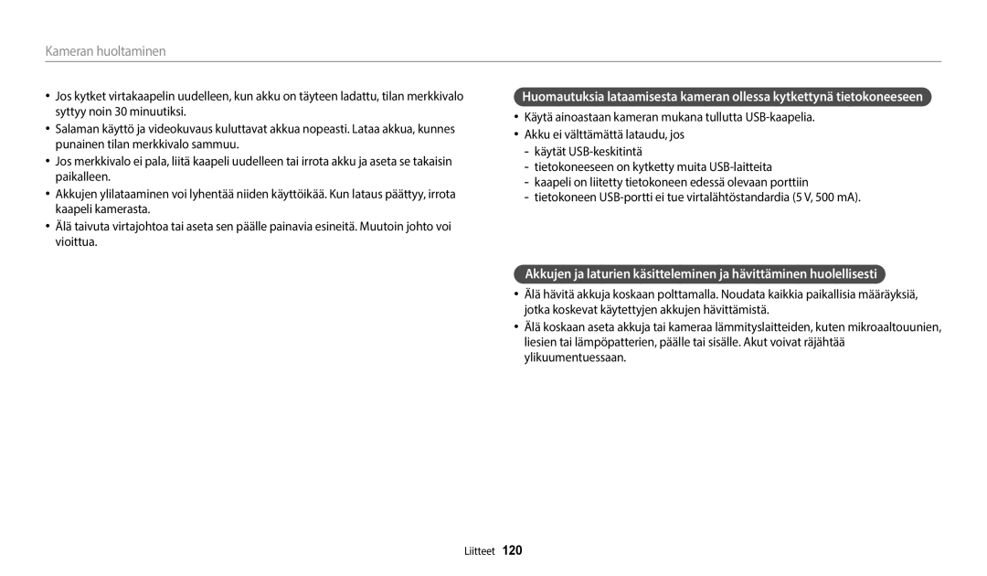 Samsung EC-WB35FZBPLE2, EC-WB35FZBPBE2, EC-WB35FZBPRE2, EC-WB35FZBPWE2 manual Kameran huoltaminen 