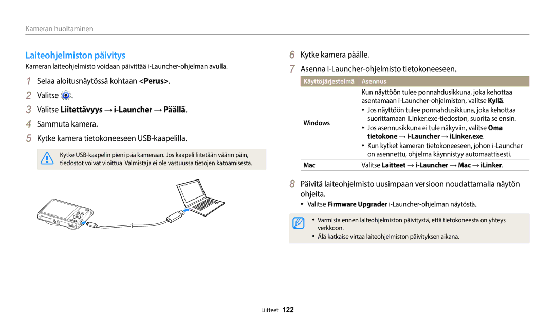 Samsung EC-WB35FZBPWE2, EC-WB35FZBPBE2 manual Laiteohjelmiston päivitys, Valitse Liitettävyys →i-Launcher →Päällä, Asennus 