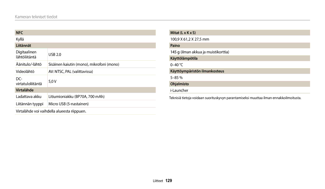 Samsung EC-WB35FZBPRE2 manual Liitännät, Virtalähde, Mitat L x K x S, Paino, Käyttölämpötila, Käyttöympäristön ilmankosteus 