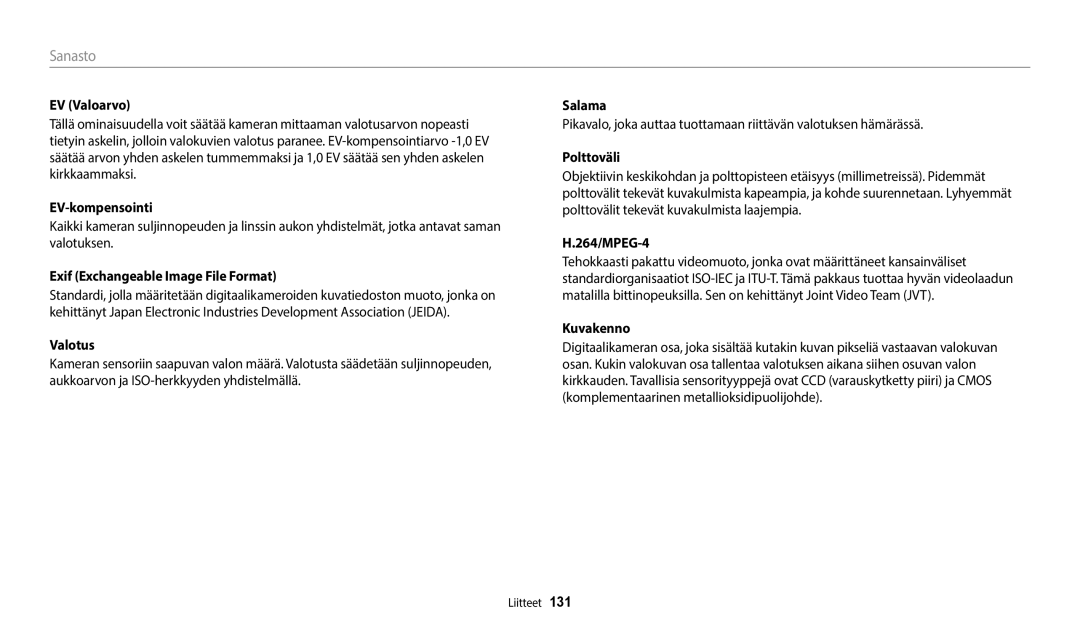 Samsung EC-WB35FZBPBE2, EC-WB35FZBPLE2, EC-WB35FZBPRE2, EC-WB35FZBPWE2 manual Sanasto 