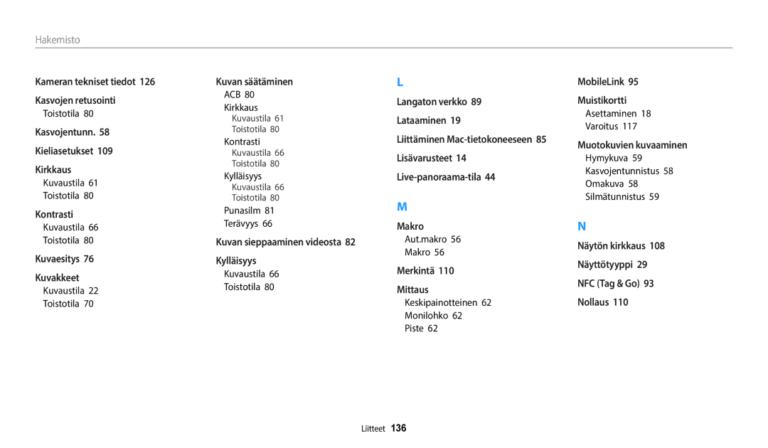 Samsung EC-WB35FZBPLE2, EC-WB35FZBPBE2, EC-WB35FZBPRE2, EC-WB35FZBPWE2 manual Hakemisto 