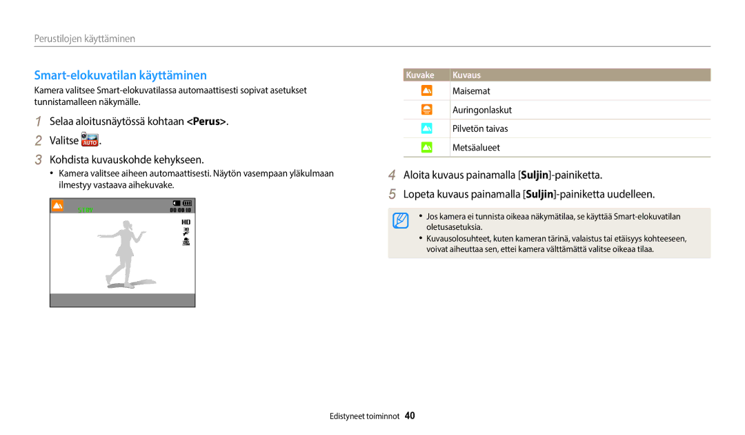 Samsung EC-WB35FZBPLE2, EC-WB35FZBPBE2, EC-WB35FZBPRE2, EC-WB35FZBPWE2 manual Smart-elokuvatilan käyttäminen 