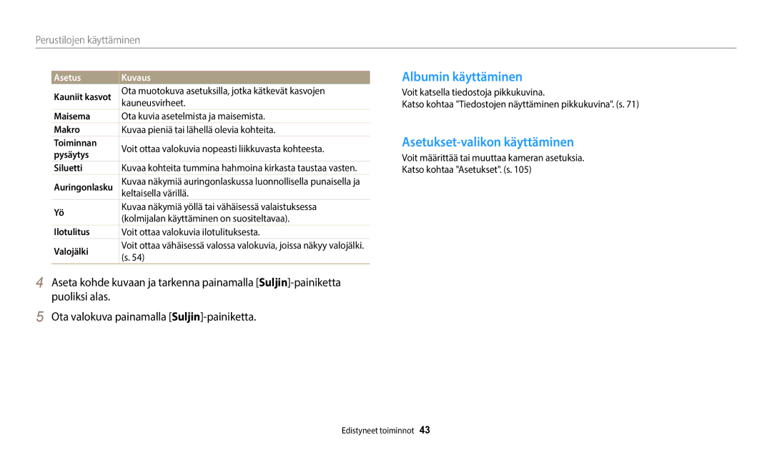 Samsung EC-WB35FZBPBE2, EC-WB35FZBPLE2, EC-WB35FZBPRE2 Albumin käyttäminen, Asetukset-valikon käyttäminen, Asetus Kuvaus 